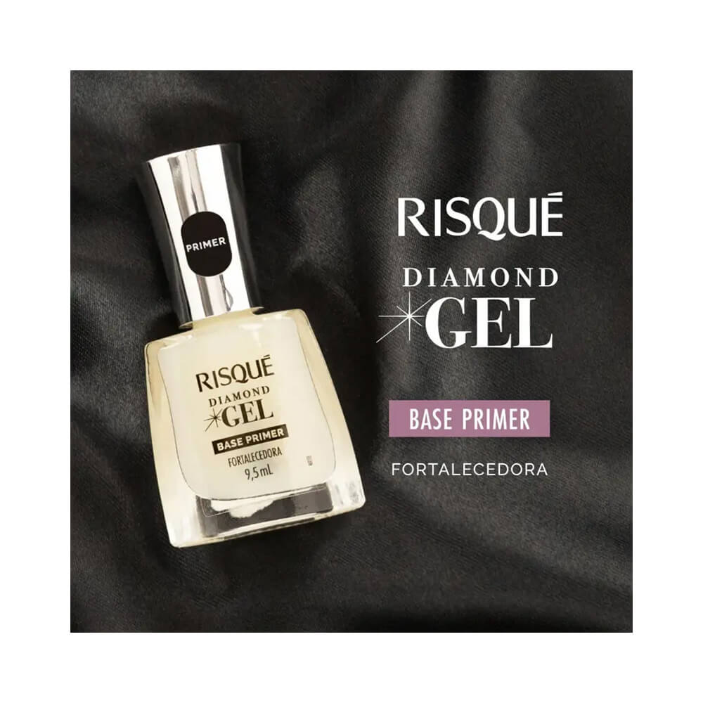 Frasco de esmalte Risqué Diamond Gel Base Primer Fortalecedora em fundo preto